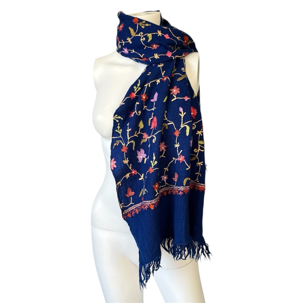 Blue Floral Embroidered Scarf Fringe Trim Felted Wool Feel Colorful